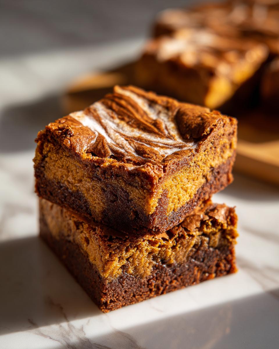 Two pumpkin cheesecake swirl brownies stacked on a marble surface, showcasing the swirl pattern and layers.