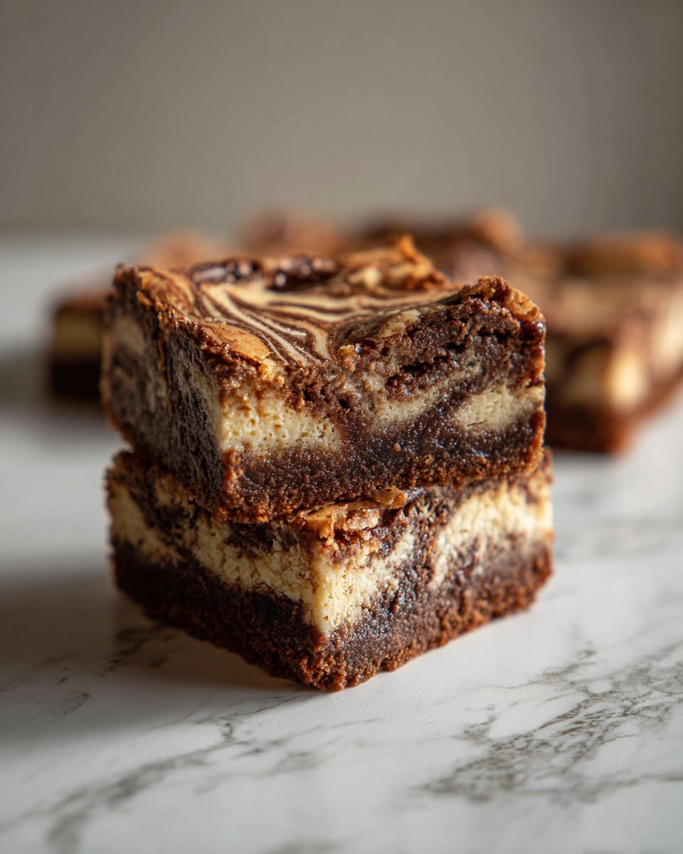 Two pumpkin cheesecake swirl brownies stacked on a marble surface, showcasing the swirl pattern.
