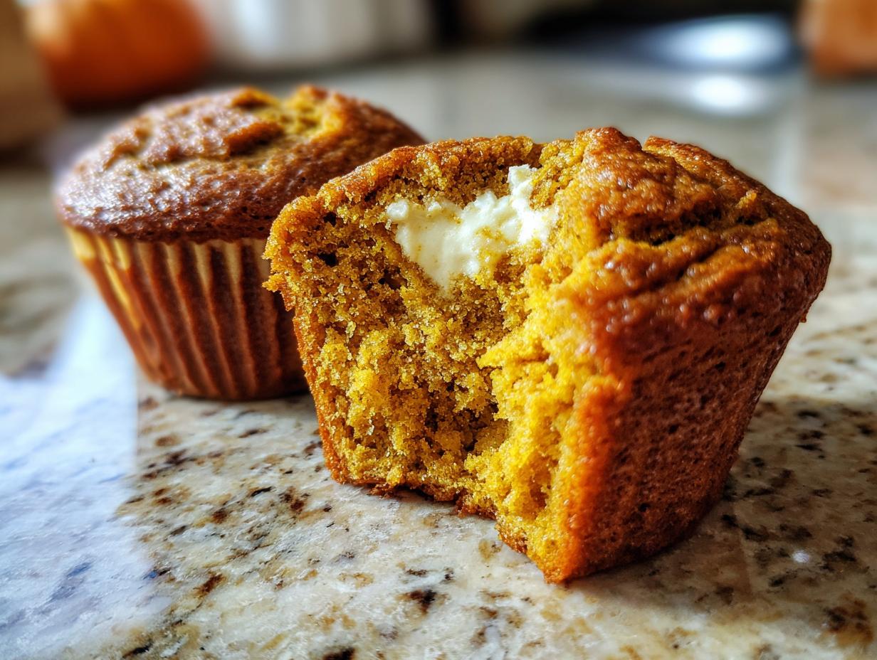 Two pumpkin cream cheese muffins, one with a bite taken out to reveal the cream cheese filling.