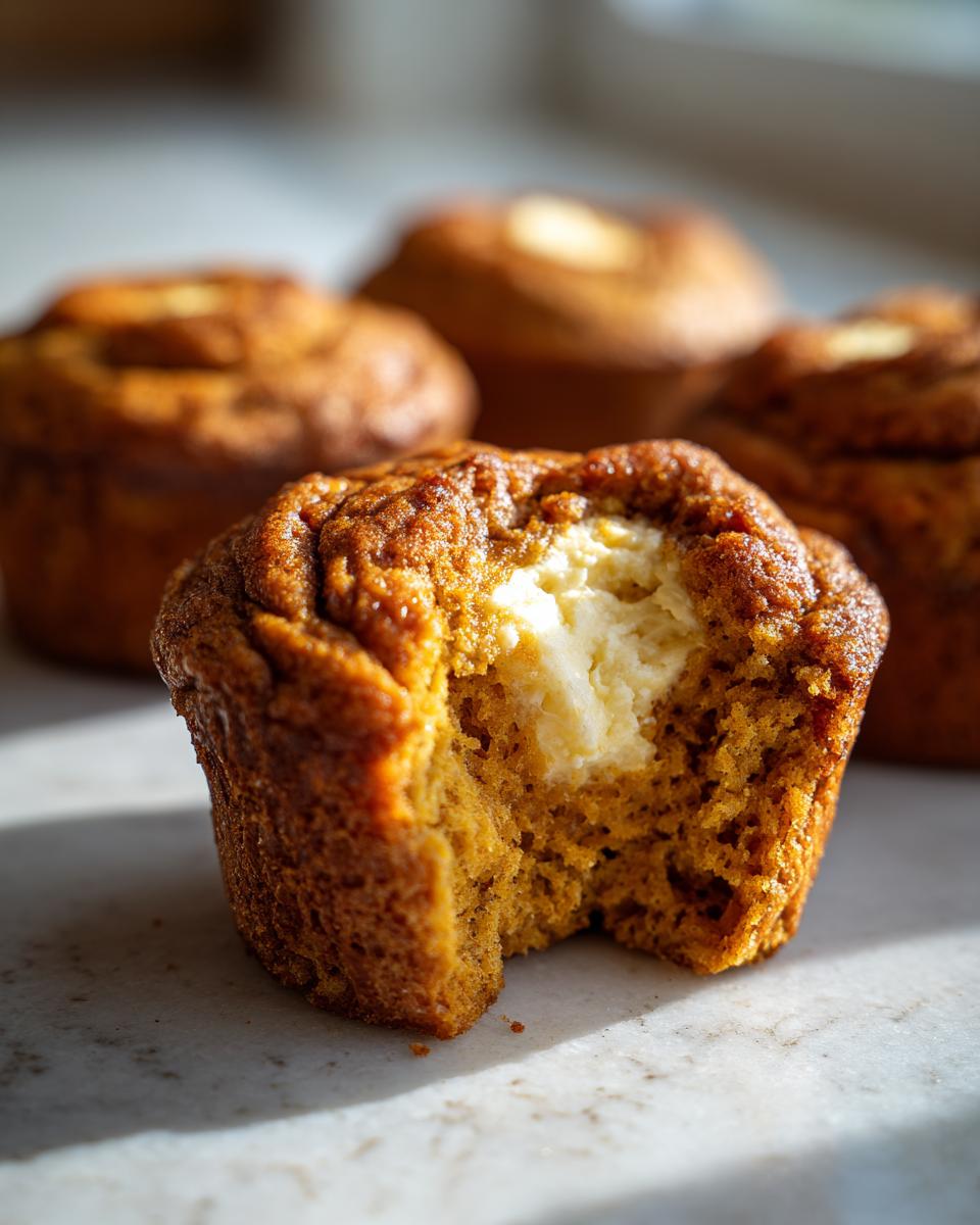 Close-up of pumpkin cream cheese muffins, one with a bite taken out to show the cream cheese filling.