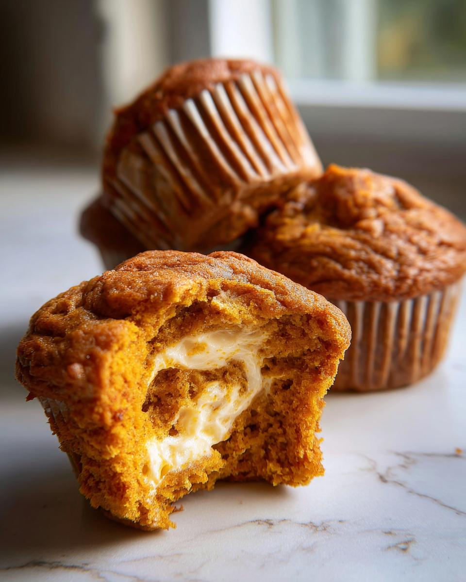 Close-up of pumpkin cream cheese muffins, one with a bite taken to reveal the cream cheese filling.