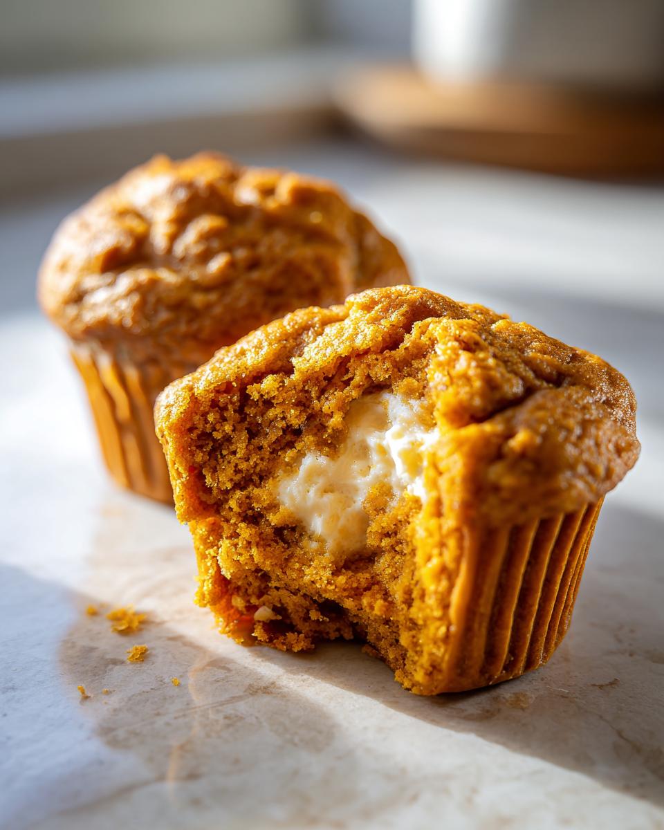 Close-up of a pumpkin cream cheese muffin, cut open to show the cream cheese filling.