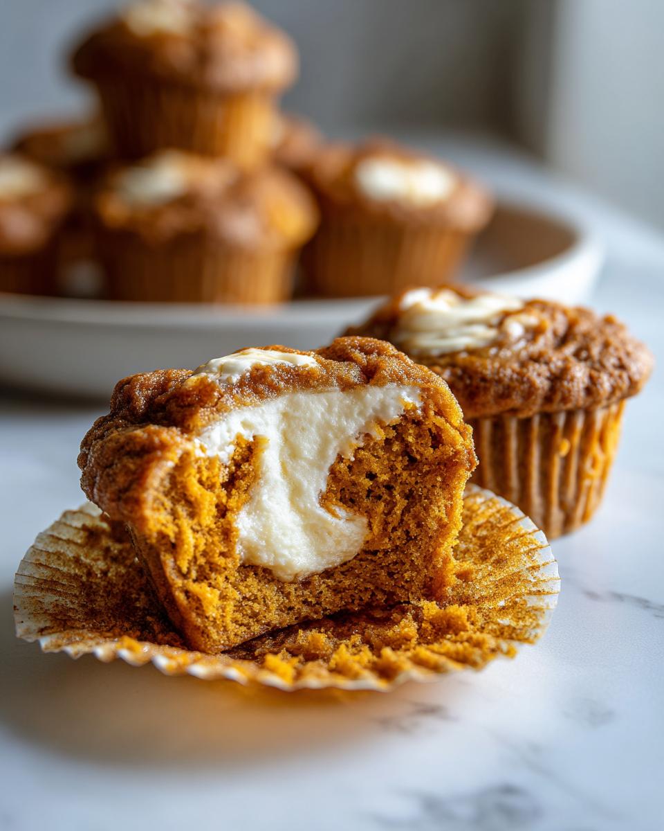 A halved pumpkin cream cheese muffin showing the creamy filling, with more muffins in the background.