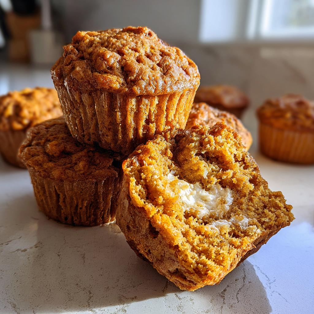 A stack of pumpkin cream cheese muffins, one muffin cut open to reveal the cream cheese filling.