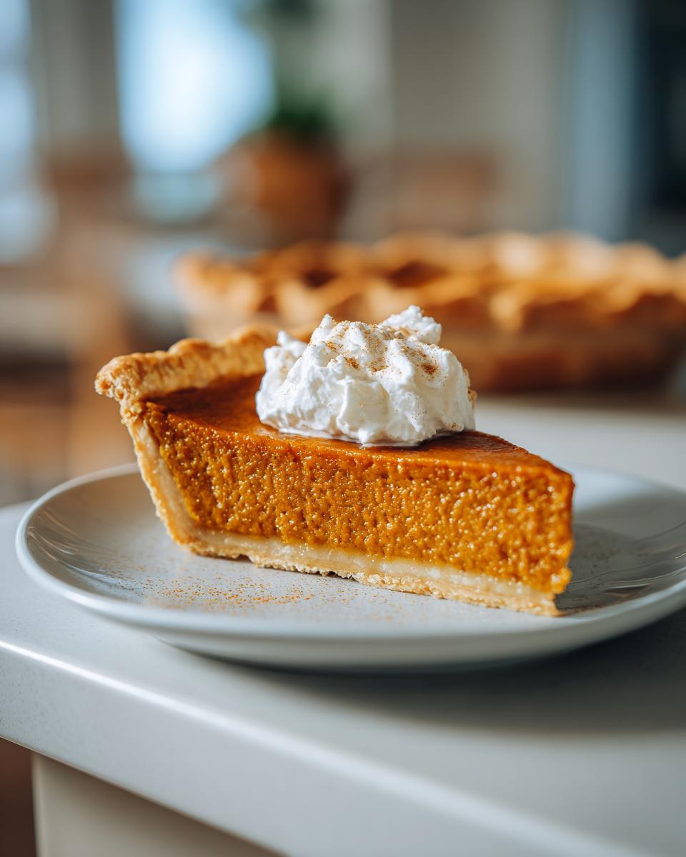 A slice of pumpkin pie topped with whipped cream, a classic choice for Thanksgiving desserts.