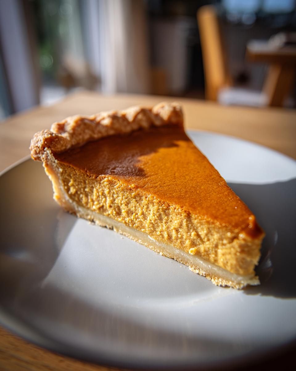 A slice of pumpkin pie, a classic choice for Thanksgiving desserts, on a white plate.