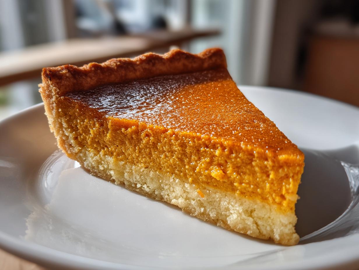 A single slice of pumpkin pie, perfect for Thanksgiving desserts, on a white plate.