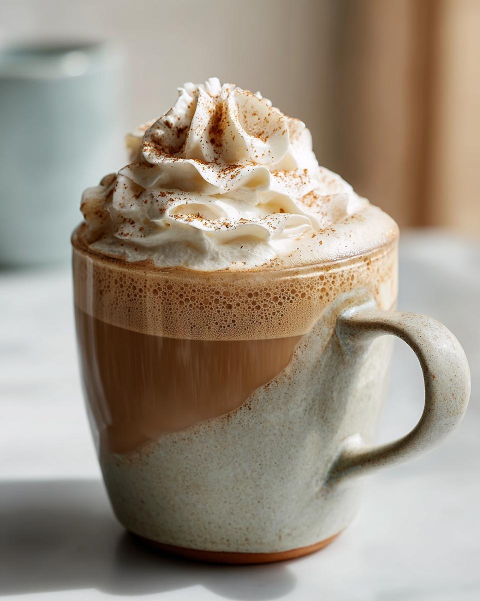 A delicious pumpkin spice latte copycat topped with whipped cream and spice in a ceramic mug.