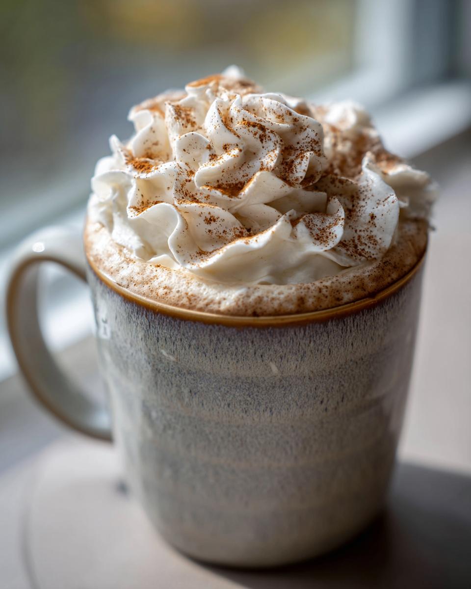 A cozy mug filled with pumpkin spice latte copycat, topped with whipped cream and a sprinkle of spice.