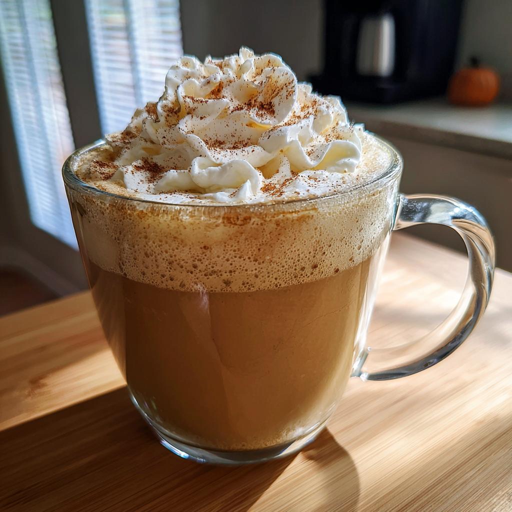 A delicious pumpkin spice latte copycat in a clear mug, topped with whipped cream and spice.