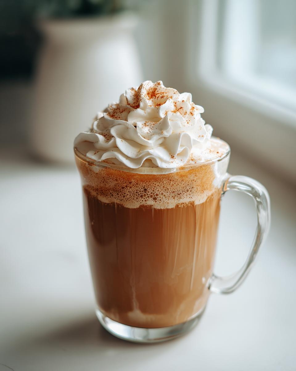 A homemade pumpkin spice latte copycat in a clear mug, topped with whipped cream and spice.