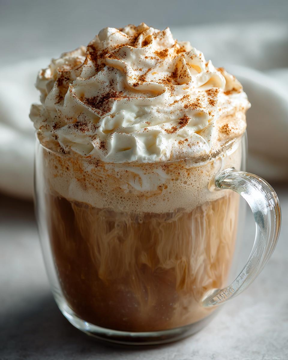 A glass mug filled with a Pumpkin Spice Latte Copycat, topped with whipped cream and a sprinkle of spice.