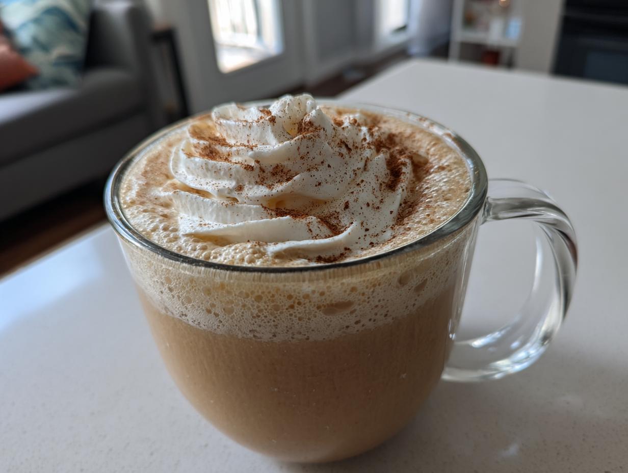 A delicious homemade pumpkin spice latte copycat topped with whipped cream and cinnamon.
