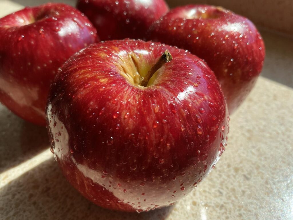 Four shiny red apples with water droplets, a simple and healthy snack ideas.