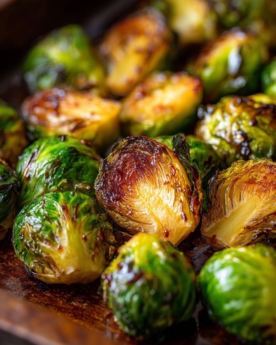 Close-up of roasted Brussels sprouts, a delicious and healthy option for Thanksgiving side dishes.