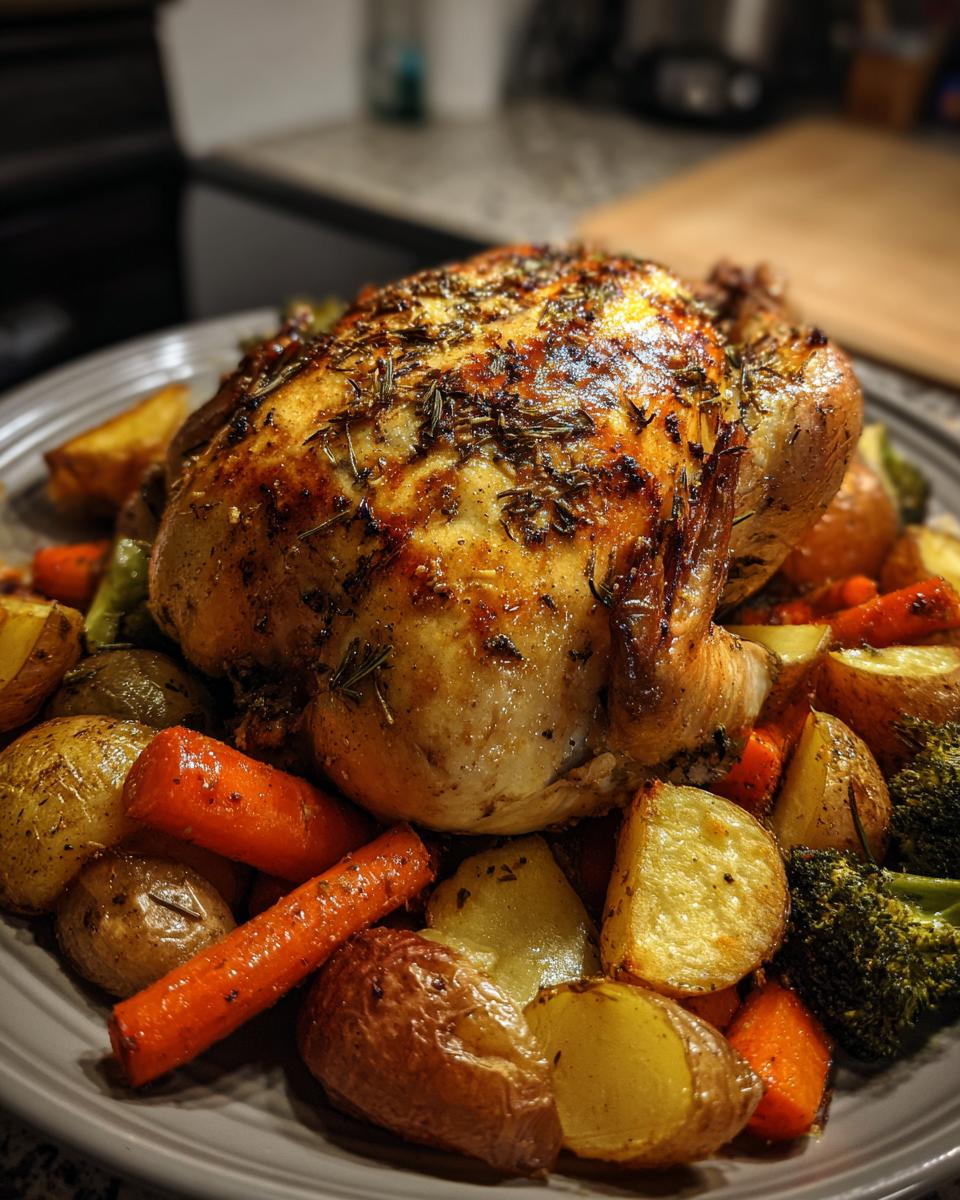 Whole roasted chicken with potatoes, carrots, and broccoli. One of our favorite easy chicken recipes.