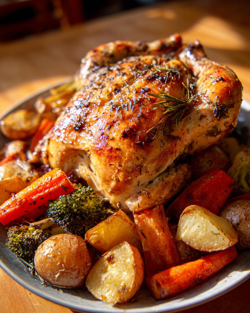 Roasted chicken surrounded by roasted vegetables, showcasing one of our easy chicken recipes.