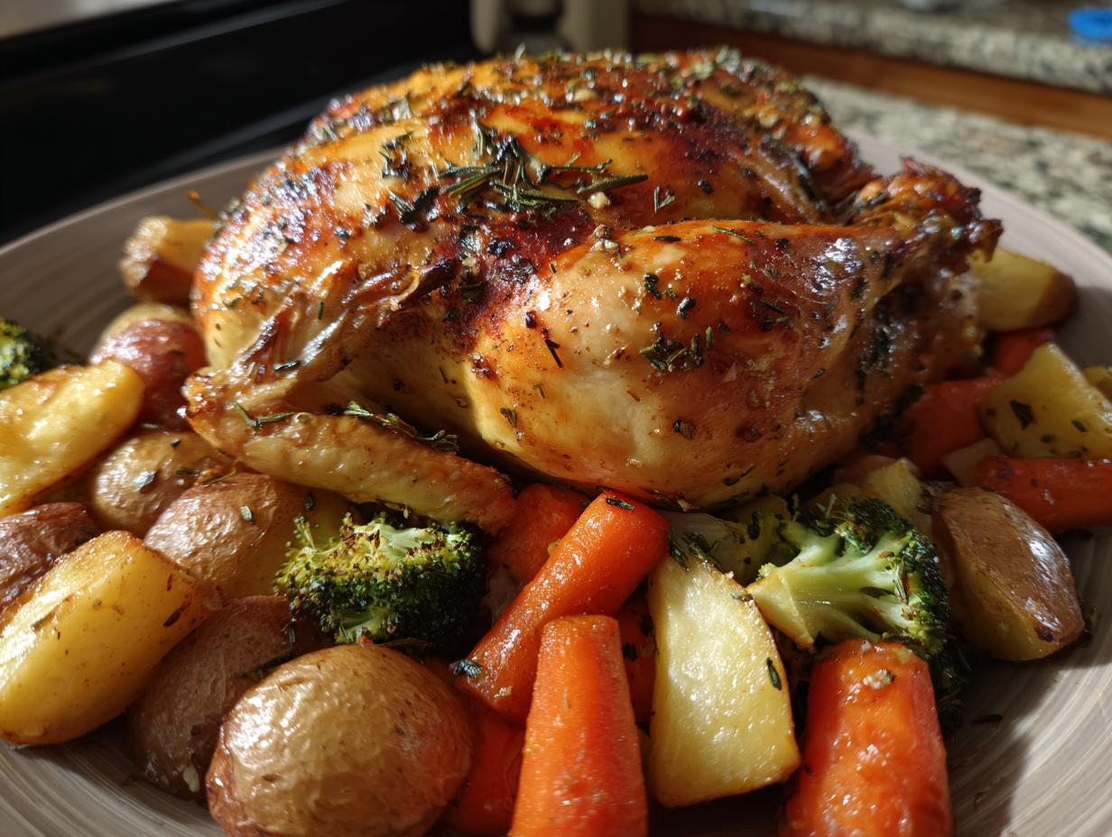 Roasted chicken with potatoes, carrots and broccoli. One of many easy chicken recipes.