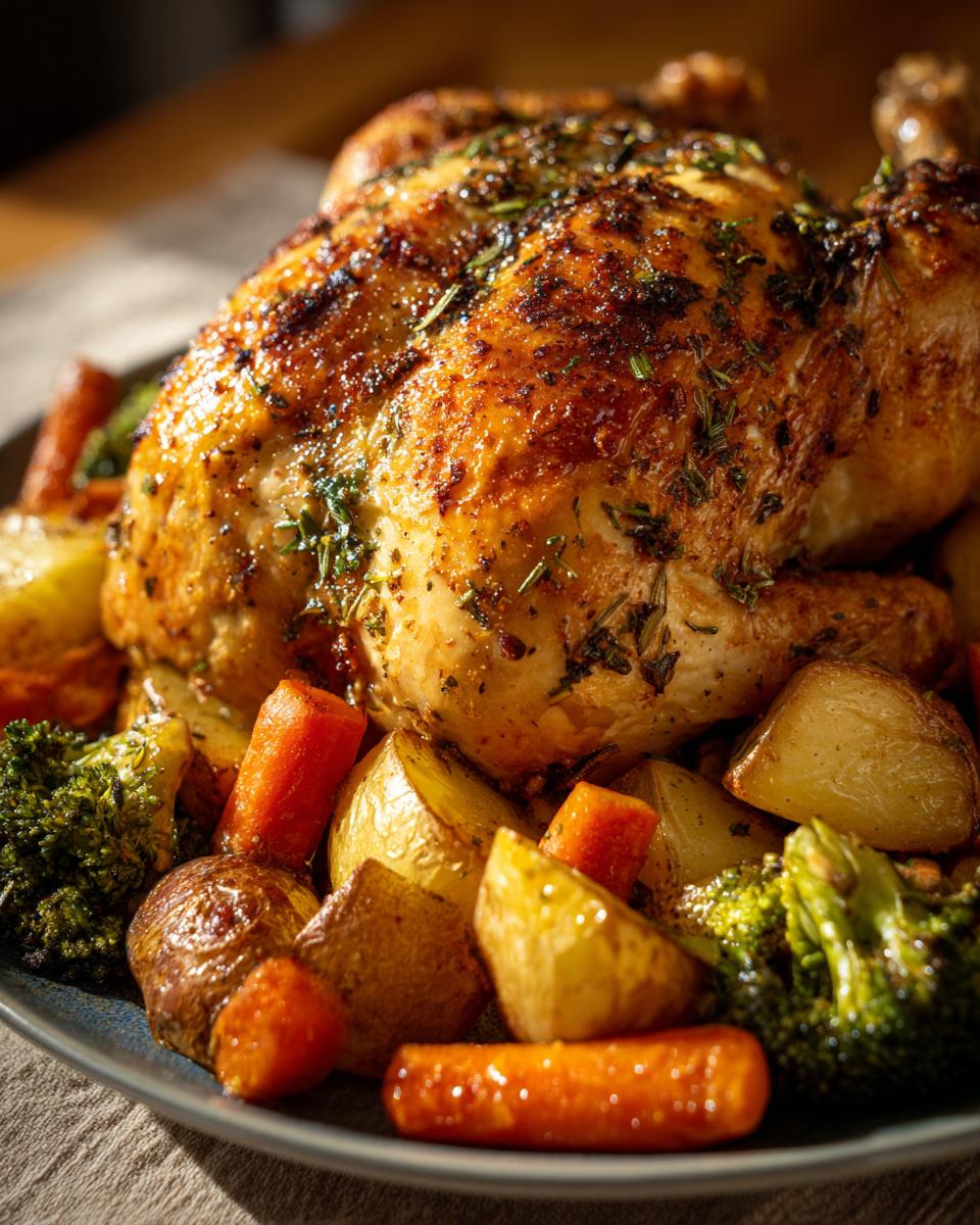 One-pan easy chicken recipe featuring a whole roasted chicken with potatoes, carrots, and broccoli.