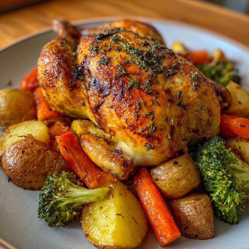 A whole roasted chicken surrounded by potatoes, carrots, and broccoli, showcasing one of our easy chicken recipes.