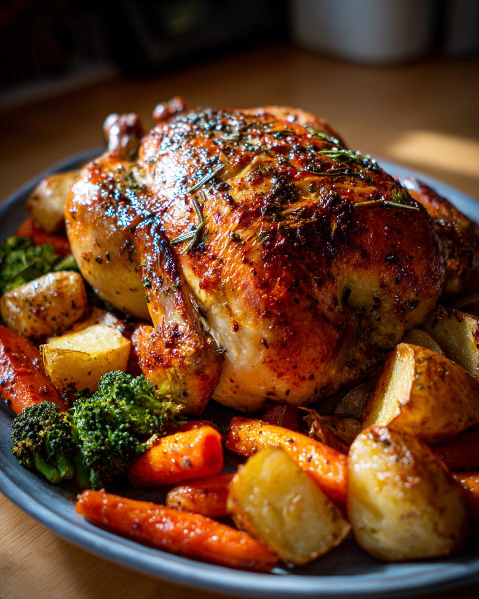 A whole roasted chicken surrounded by roasted vegetables like carrots, potatoes, and broccoli. One of many easy chicken recipes.