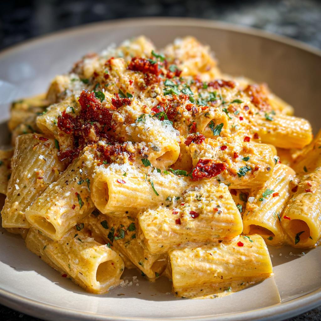 A plate of Roasted Red Pepper Vodka Rigatoni, topped with parmesan, herbs, and roasted red peppers.