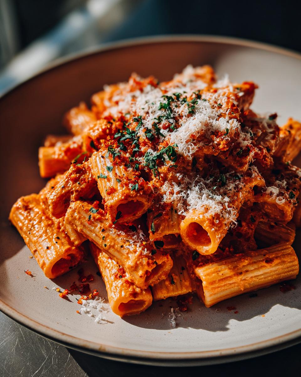 Close-up of Roasted Red Pepper Vodka Rigatoni, topped with parmesan cheese and herbs in a bowl.