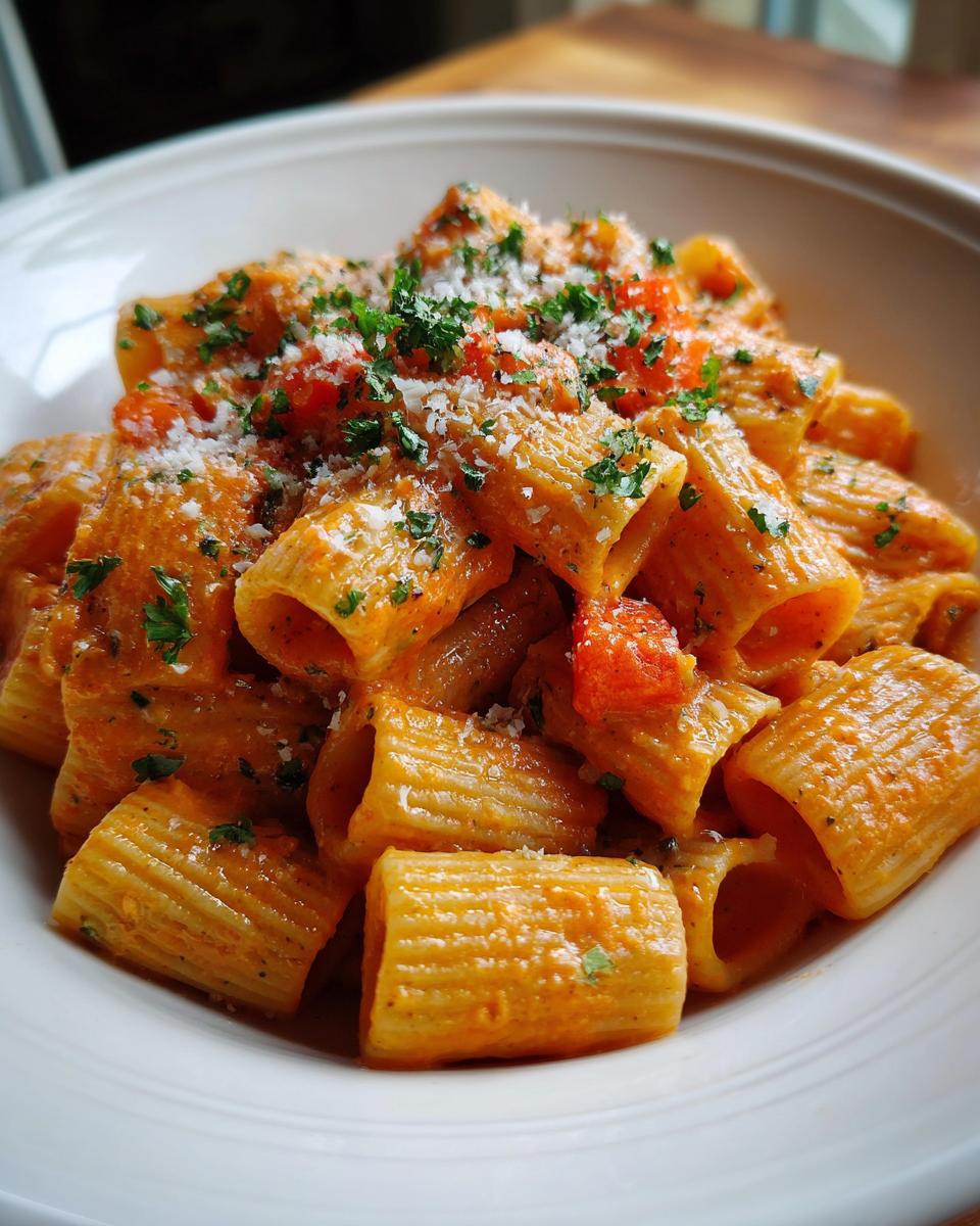 Close-up of Roasted Red Pepper Vodka Rigatoni in a white bowl, garnished with parmesan and parsley.