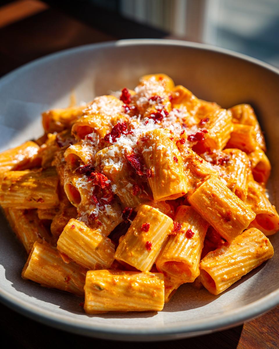 A bowl of Roasted Red Pepper Vodka Rigatoni, topped with cheese and red pepper flakes.