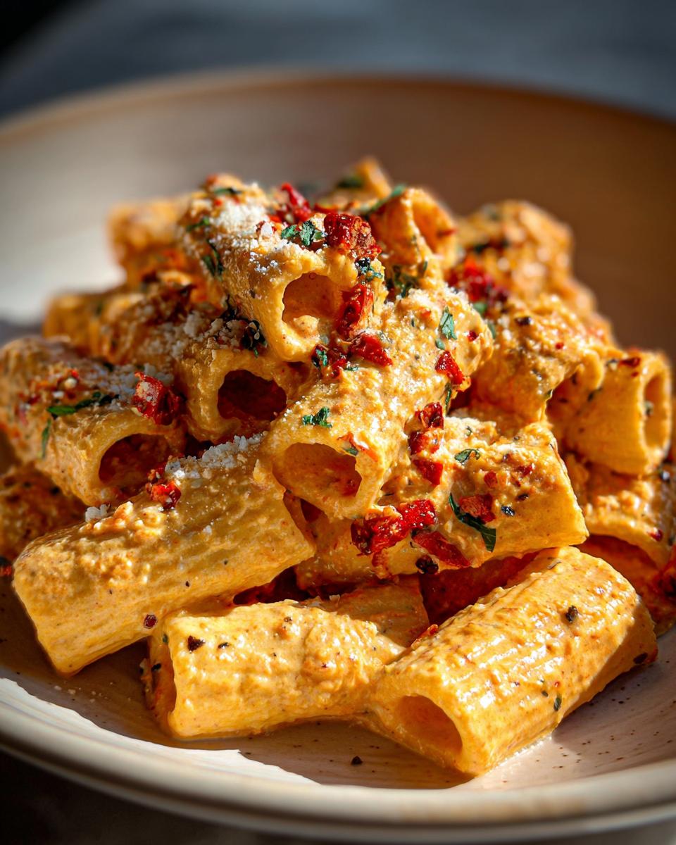 A close-up of Roasted Red Pepper Vodka Rigatoni, featuring rigatoni pasta coated in a creamy sauce, topped with herbs and parmesan.