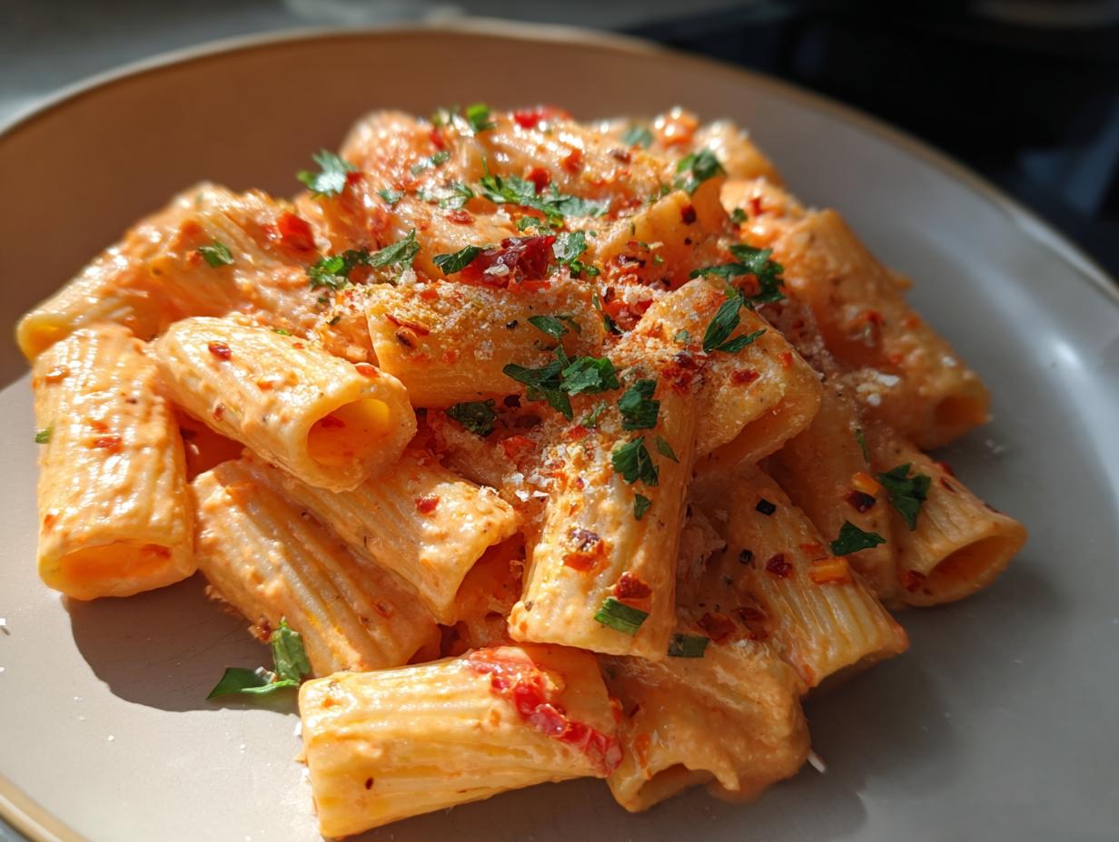 Close-up of Roasted Red Pepper Vodka Rigatoni, garnished with parsley and red pepper flakes, served on a plate.