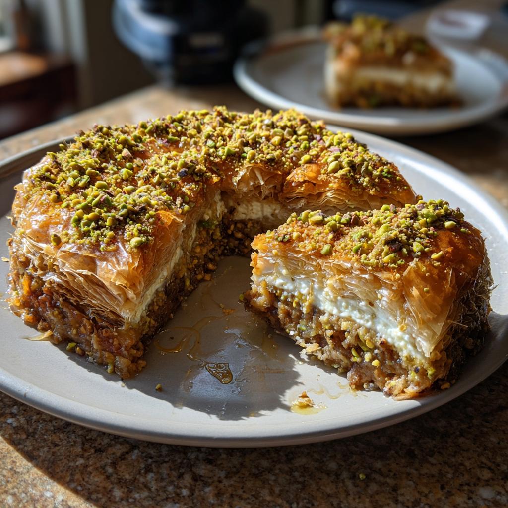 A delicious Salted Honey Pistachio Baklava Cheesecake with a slice cut out, showing layers of baklava and cheesecake.