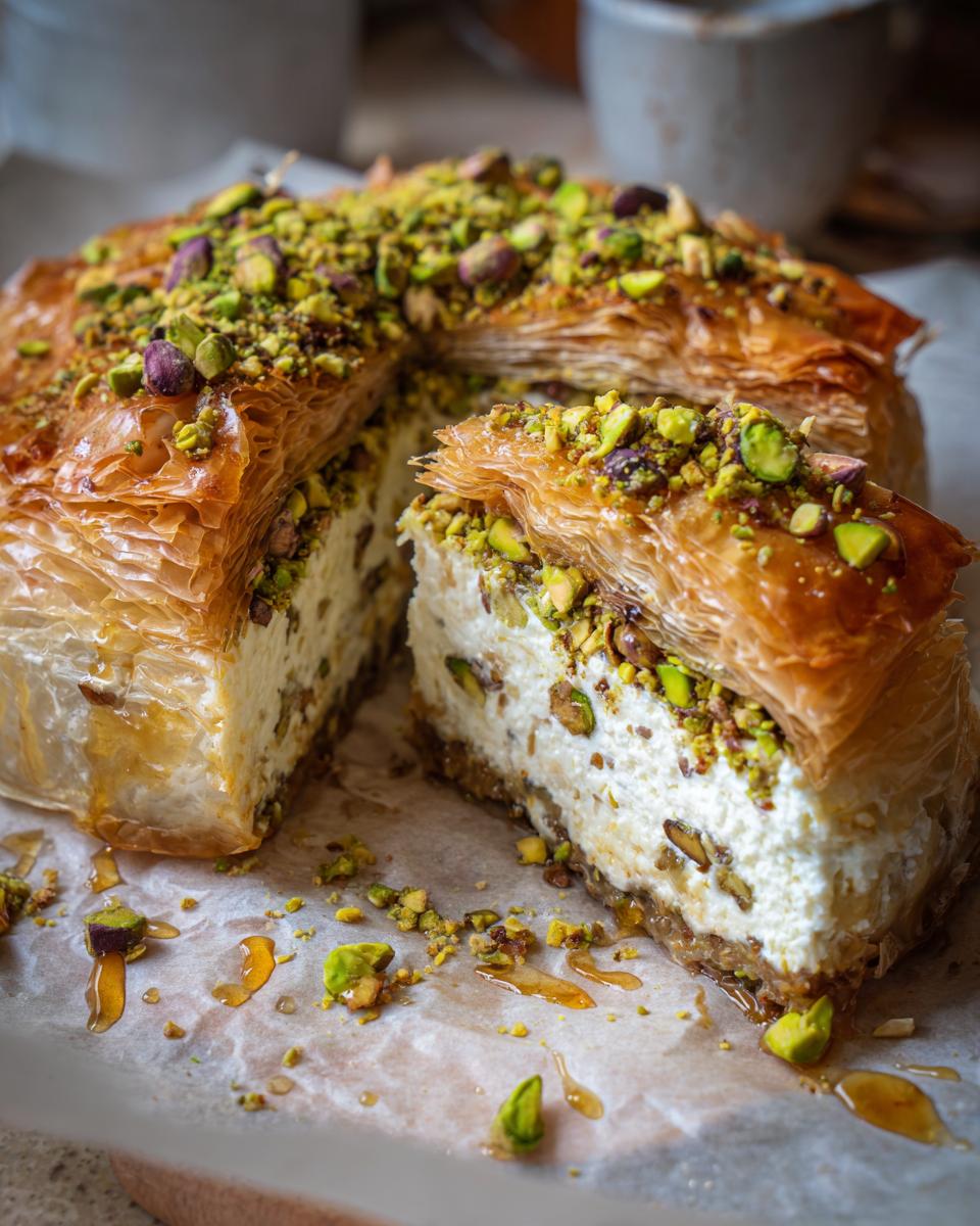 A delicious Salted Honey Pistachio Baklava Cheesecake with a slice cut out, showing layers of baklava and creamy filling.