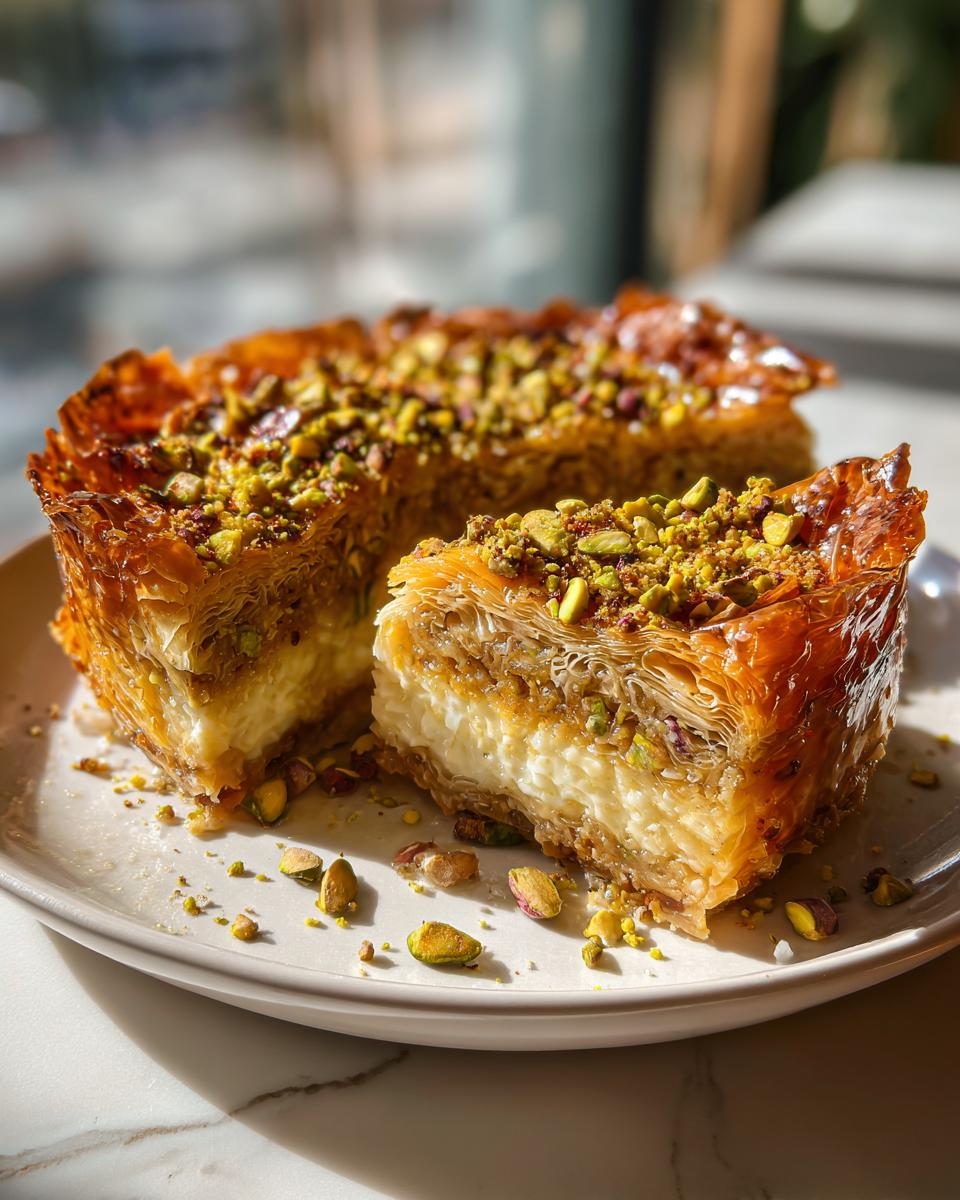 A slice of Salted Honey Pistachio Baklava Cheesecake on a plate, topped with pistachios and drizzled with honey.