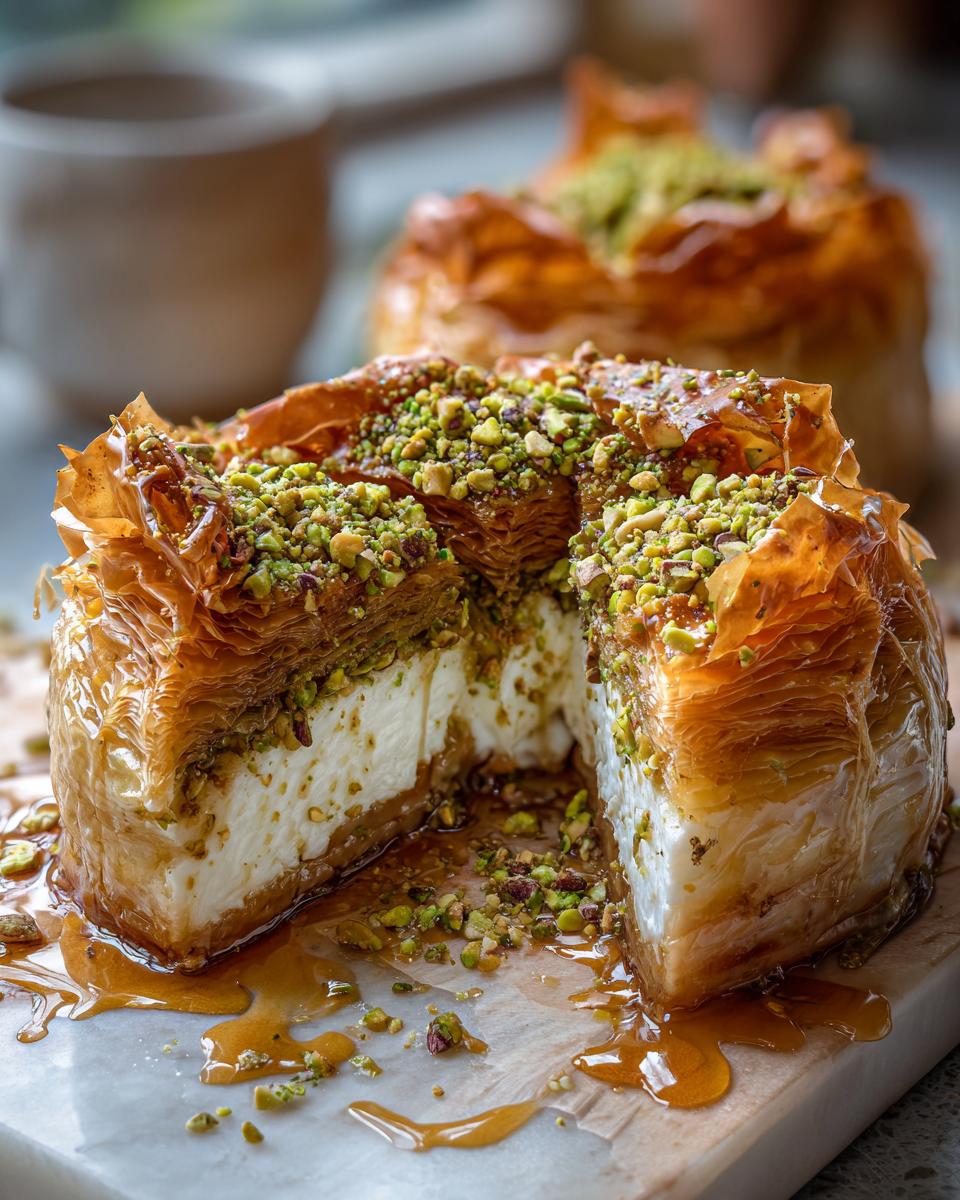A slice of Salted Honey Pistachio Baklava Cheesecake showing layers of baklava, cheesecake filling, pistachios and honey.