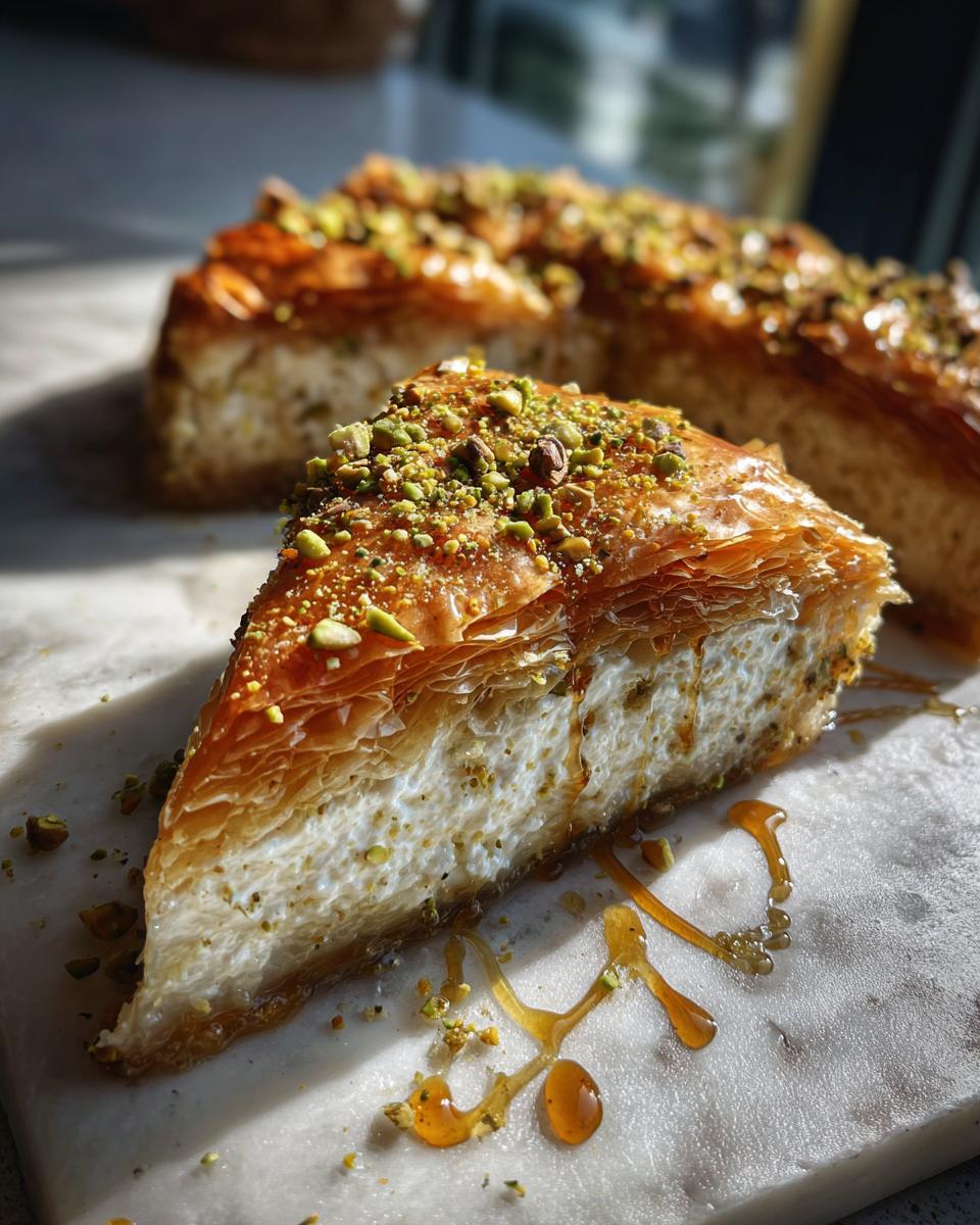 A slice of Salted Honey Pistachio Baklava Cheesecake with flaky layers, creamy filling, and pistachio topping.