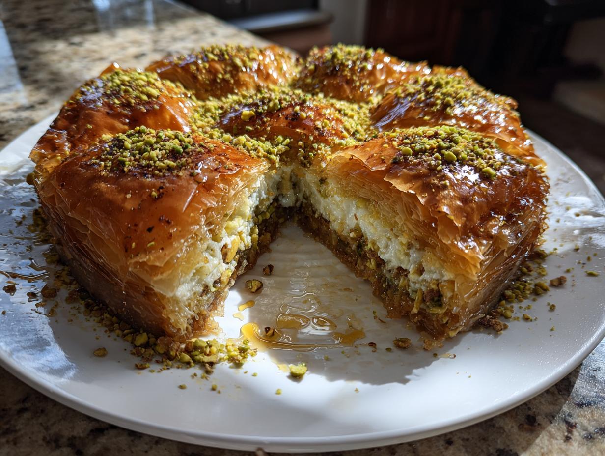 A whole Salted Honey Pistachio Baklava Cheesecake with a slice cut out, revealing the cheesecake filling.