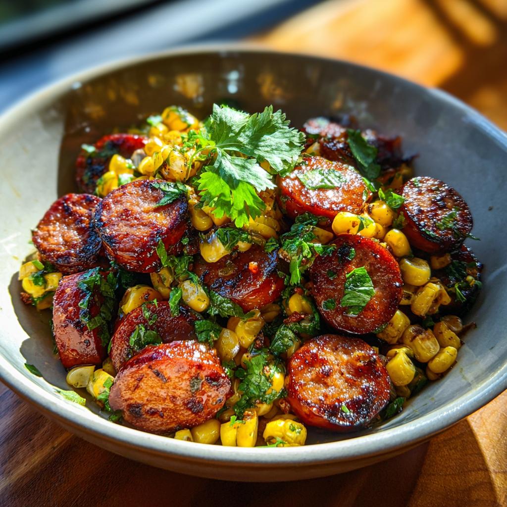 A vibrant bowl of Sausage Corn Salad, one of the best BBQ side dishes. Grilled sausage, sweet corn, and fresh herbs.