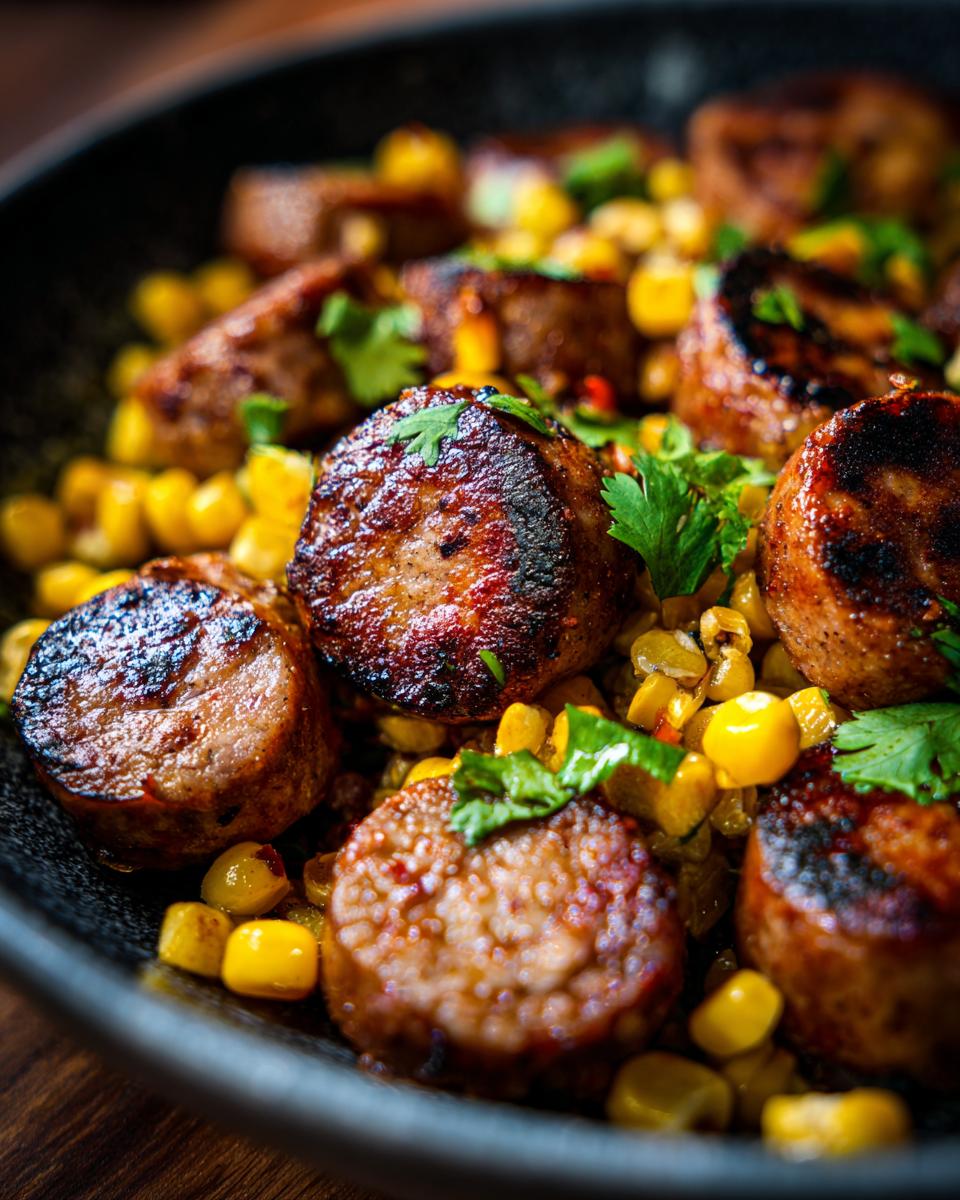 Close-up of Sausage Corn Salad, a vibrant BBQ side dishes with sliced sausage and fresh corn.