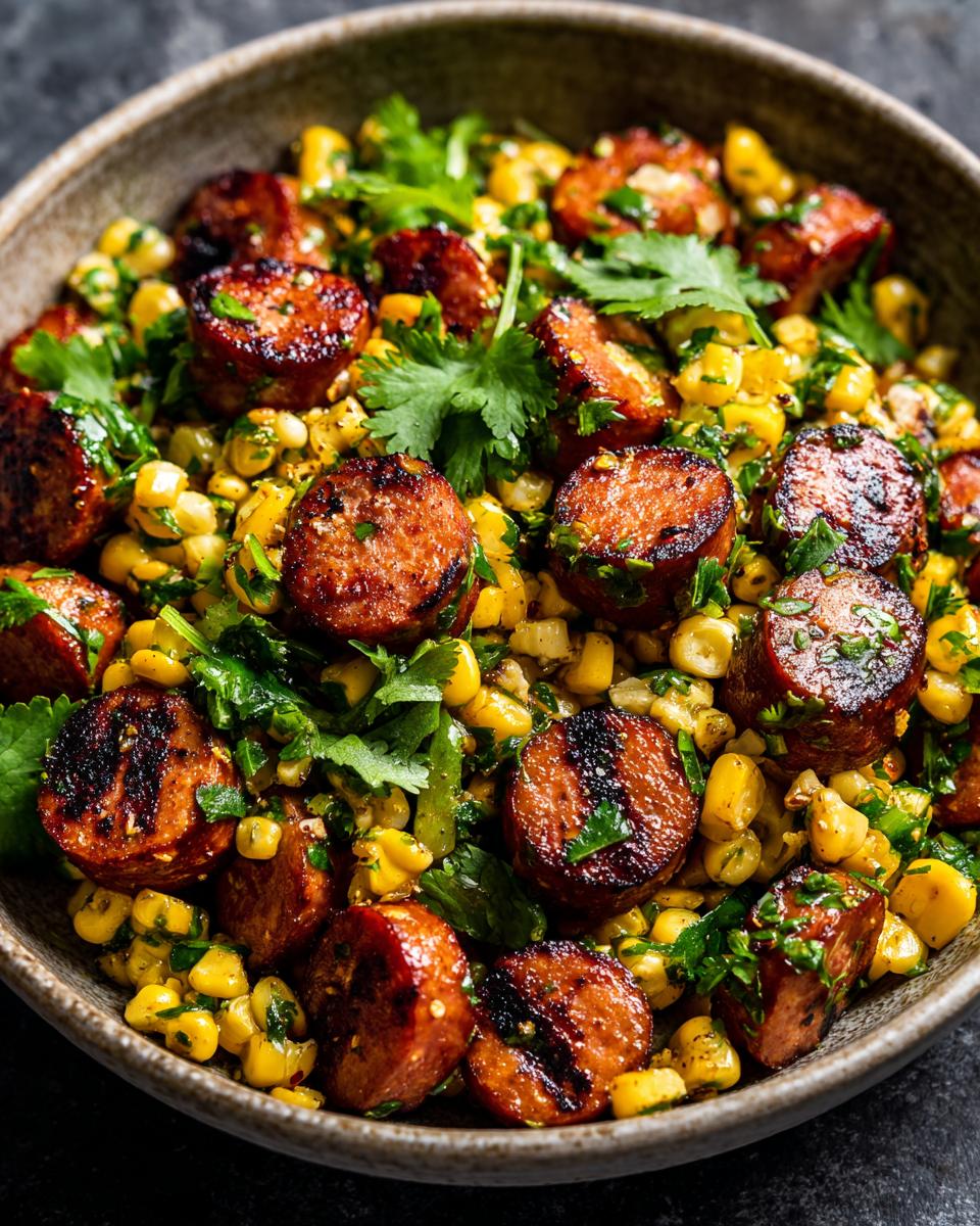 Close-up of sausage corn salad, a delicious BBQ side dishes option with grilled sausage, corn, and herbs.