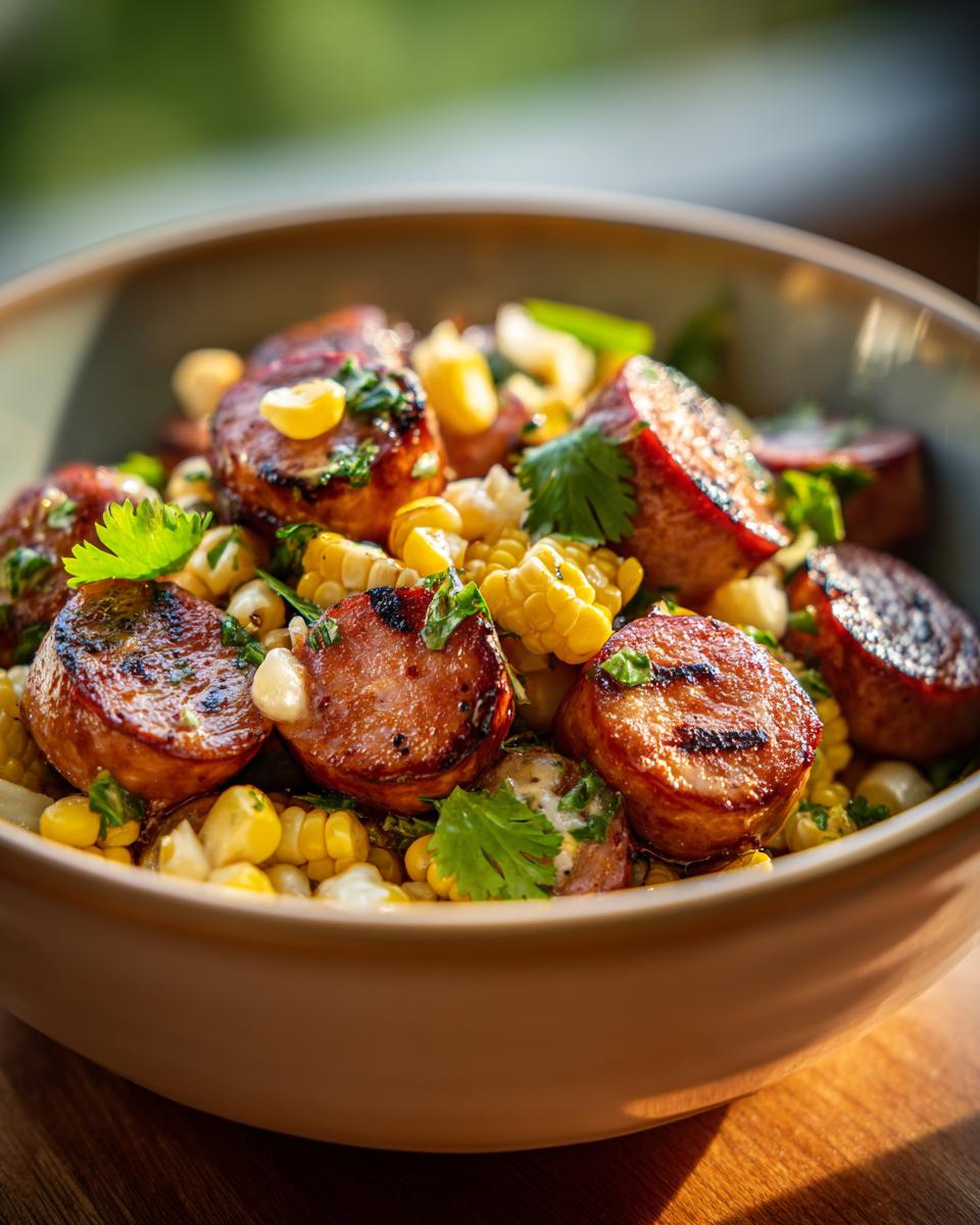 A bowl of sausage corn salad, a delicious and easy BBQ side dishes recipe. Grilled sausage, corn, and herbs.