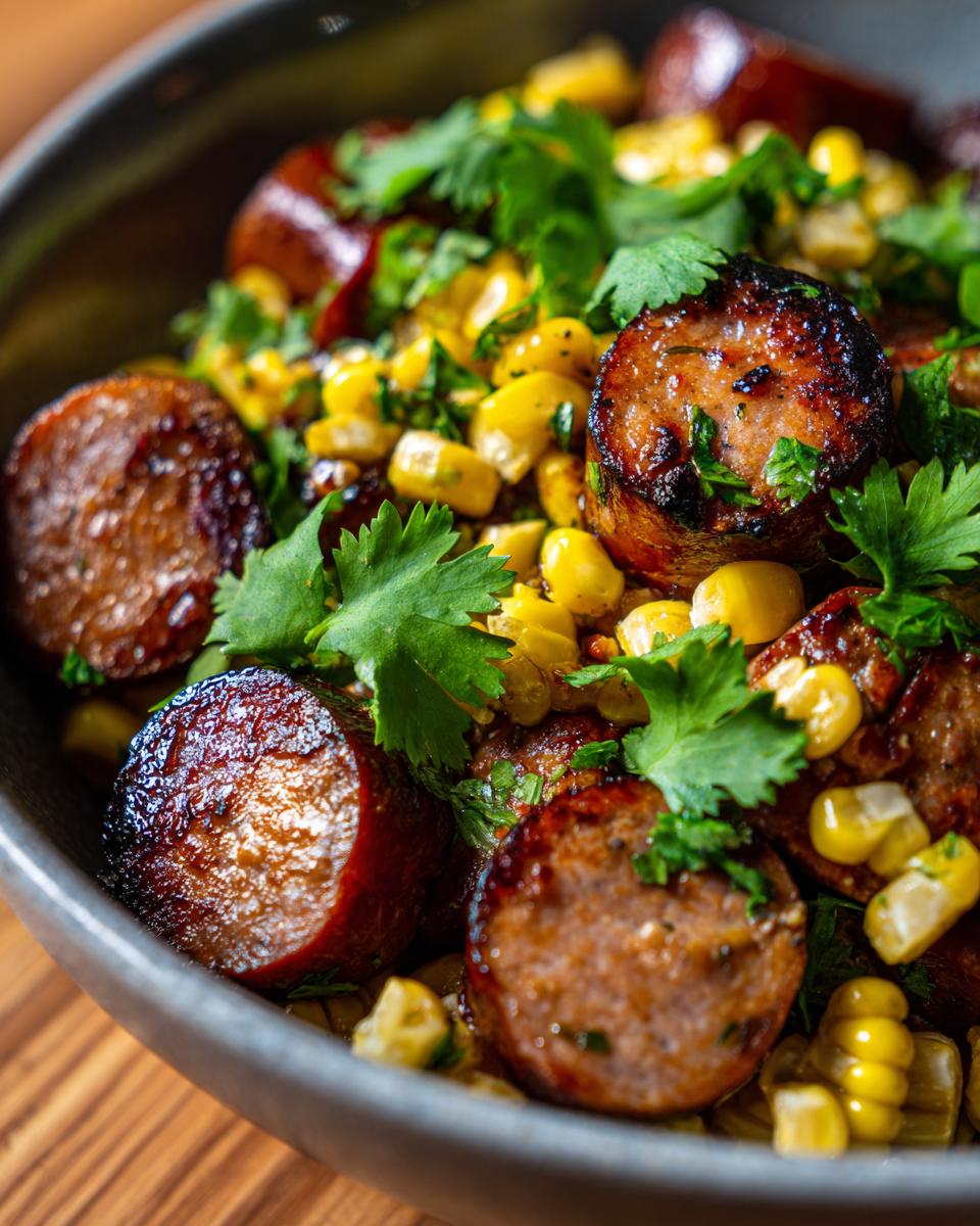 Close-up of sausage corn salad, a delicious BBQ side dish, garnished with cilantro.