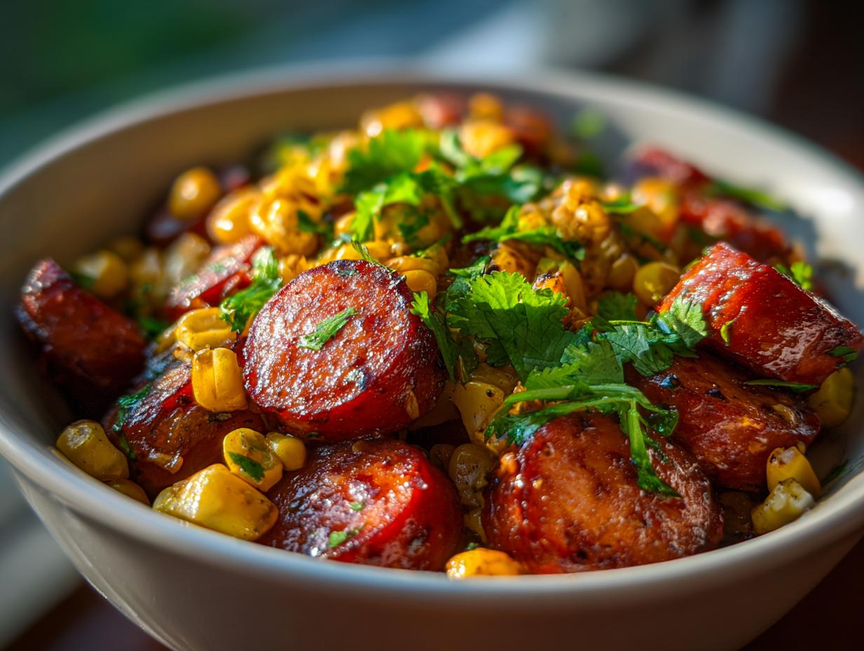 Close-up of sausage corn salad, a delicious BBQ side dishes option, in a bowl garnished with cilantro.