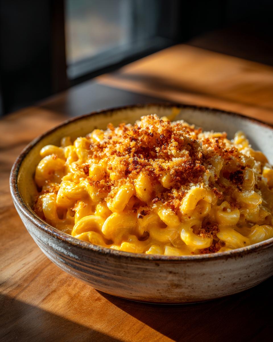 A bowl of creamy savory pumpkin mac and cheese topped with golden brown breadcrumbs, sitting on a wooden table.