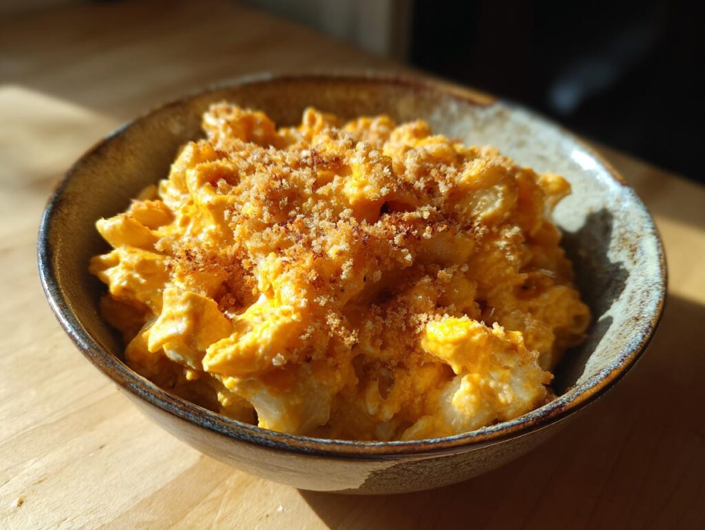 A bowl of creamy savory pumpkin mac and cheese topped with breadcrumbs, sitting on a wooden surface.