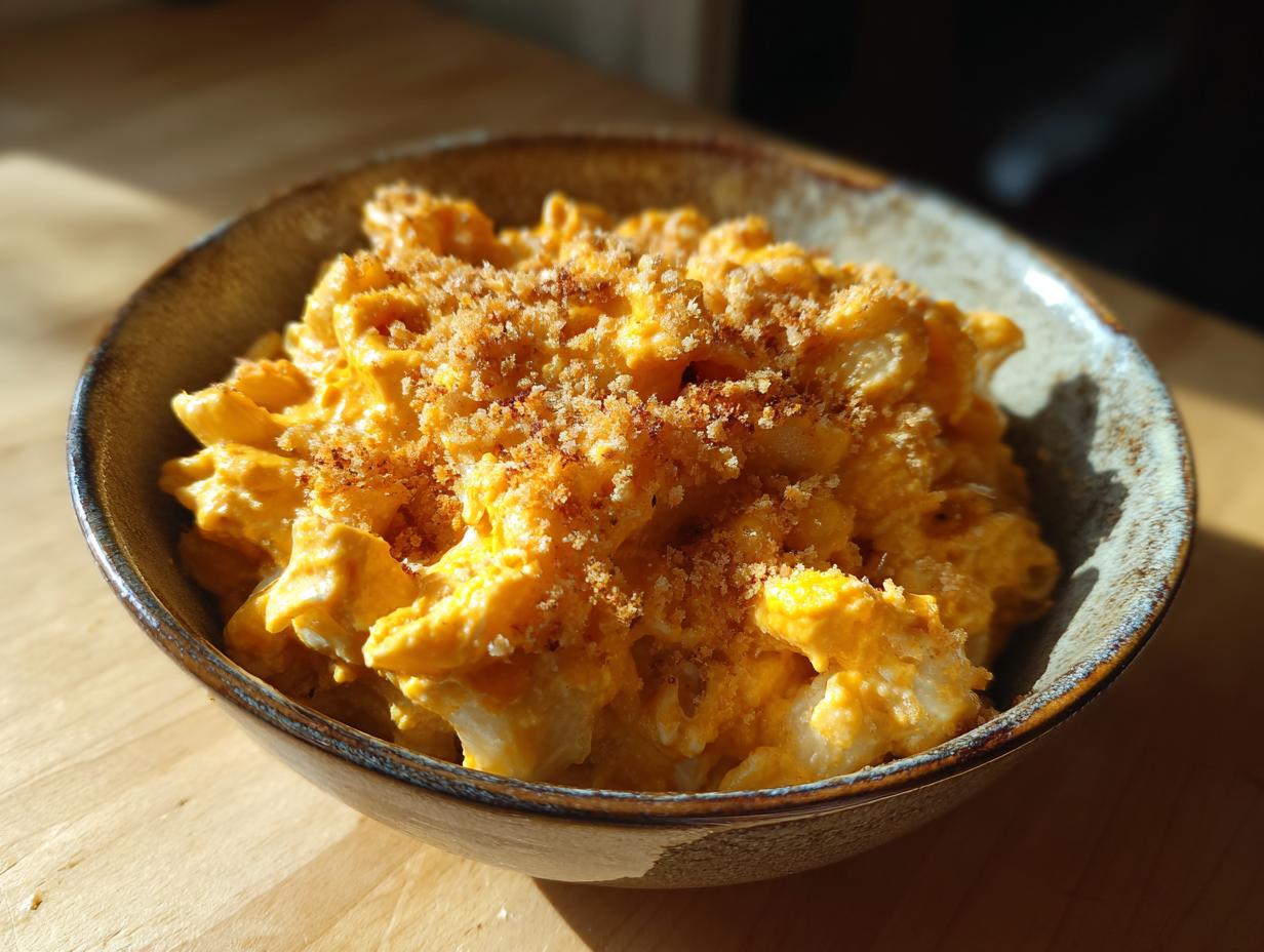 A bowl of creamy savory pumpkin mac and cheese topped with breadcrumbs, sitting on a wooden surface.