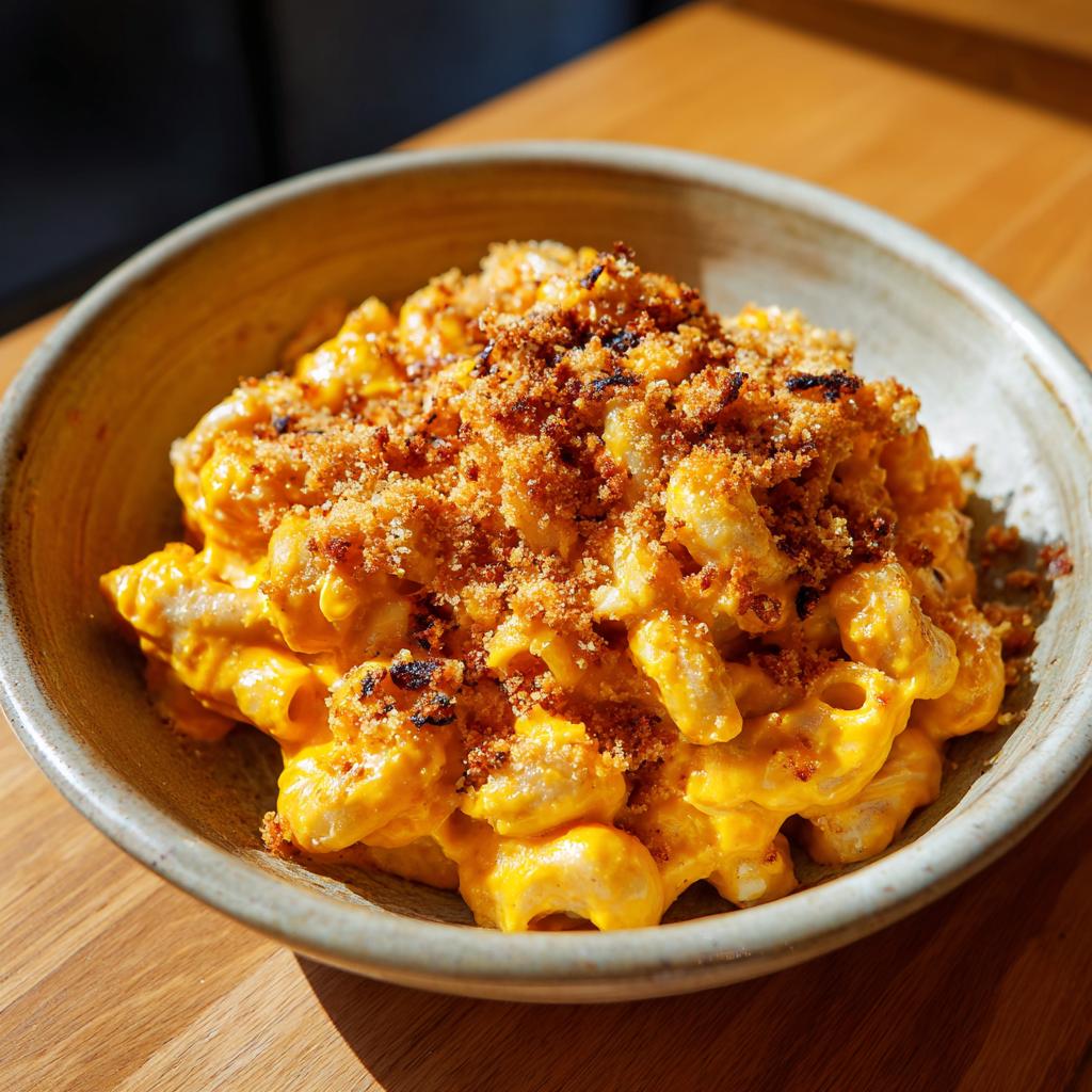 A bowl of creamy savory pumpkin mac and cheese topped with golden-brown breadcrumbs on a wooden table.