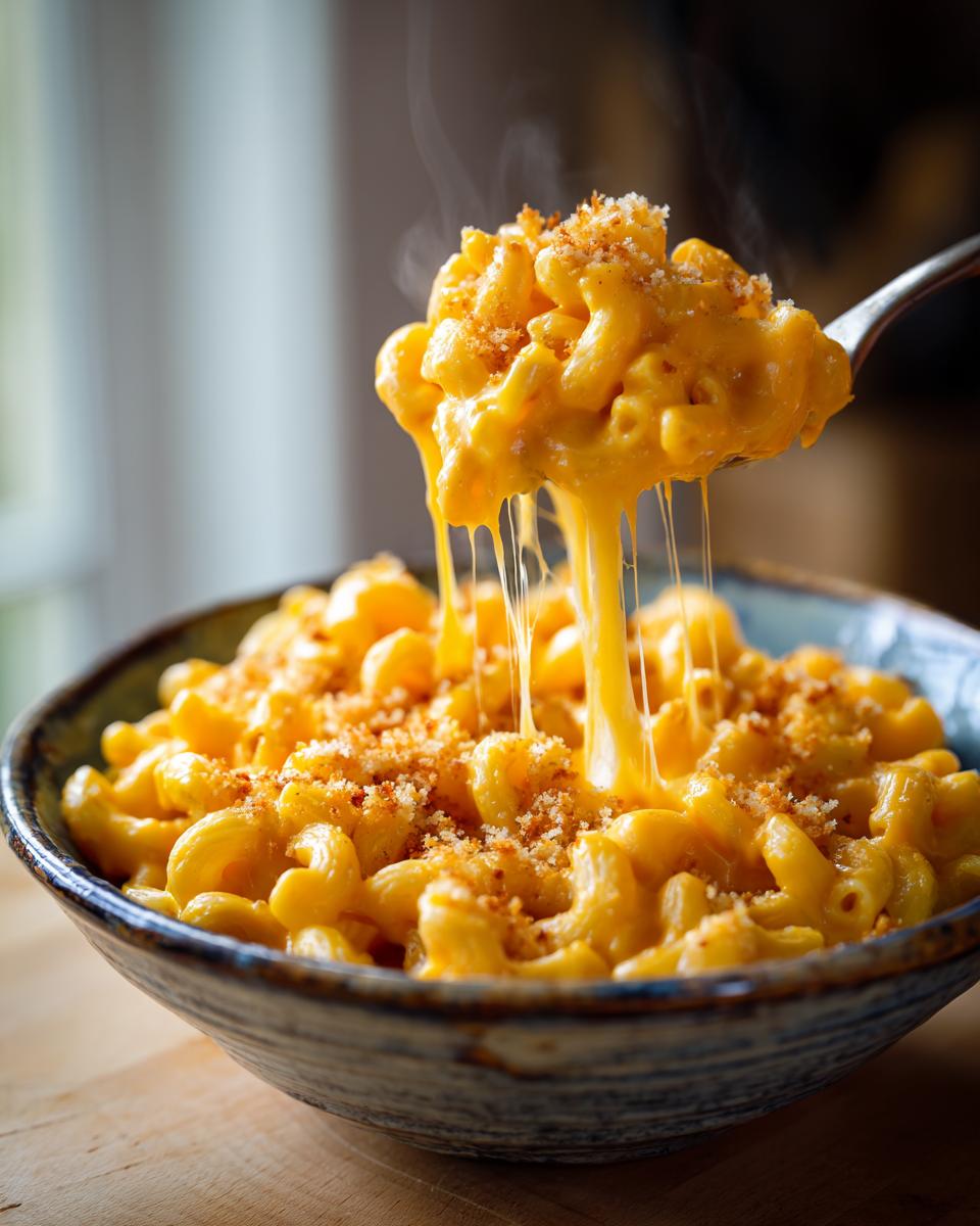 A steaming bowl of savory pumpkin mac and cheese topped with breadcrumbs, with a spoonful being lifted.