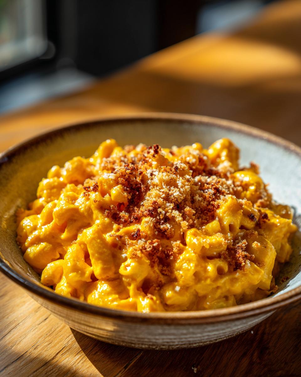 A bowl of savory pumpkin mac and cheese topped with breadcrumbs, sitting on a wooden table.