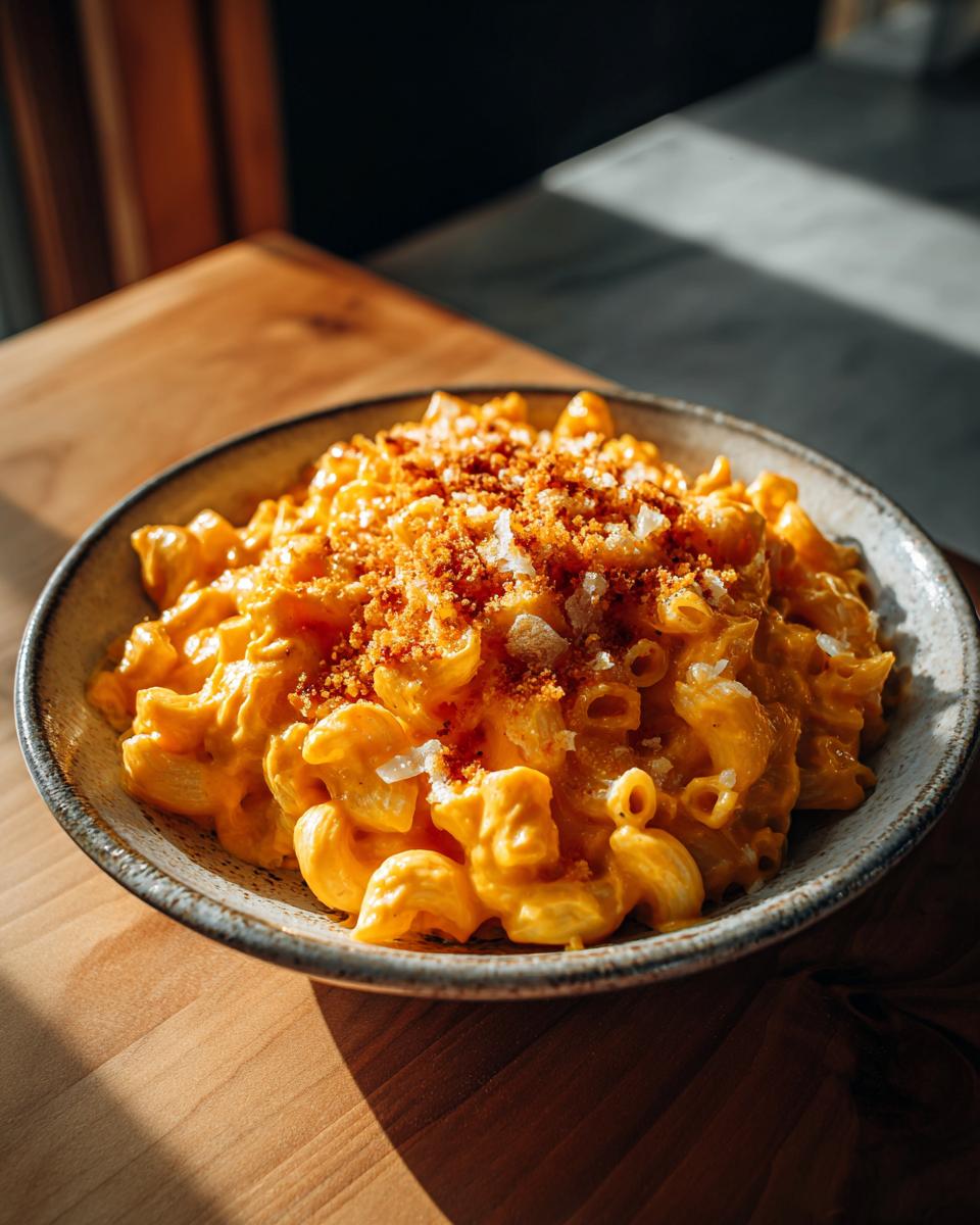 A bowl of creamy savory pumpkin mac and cheese topped with breadcrumbs and parmesan cheese.
